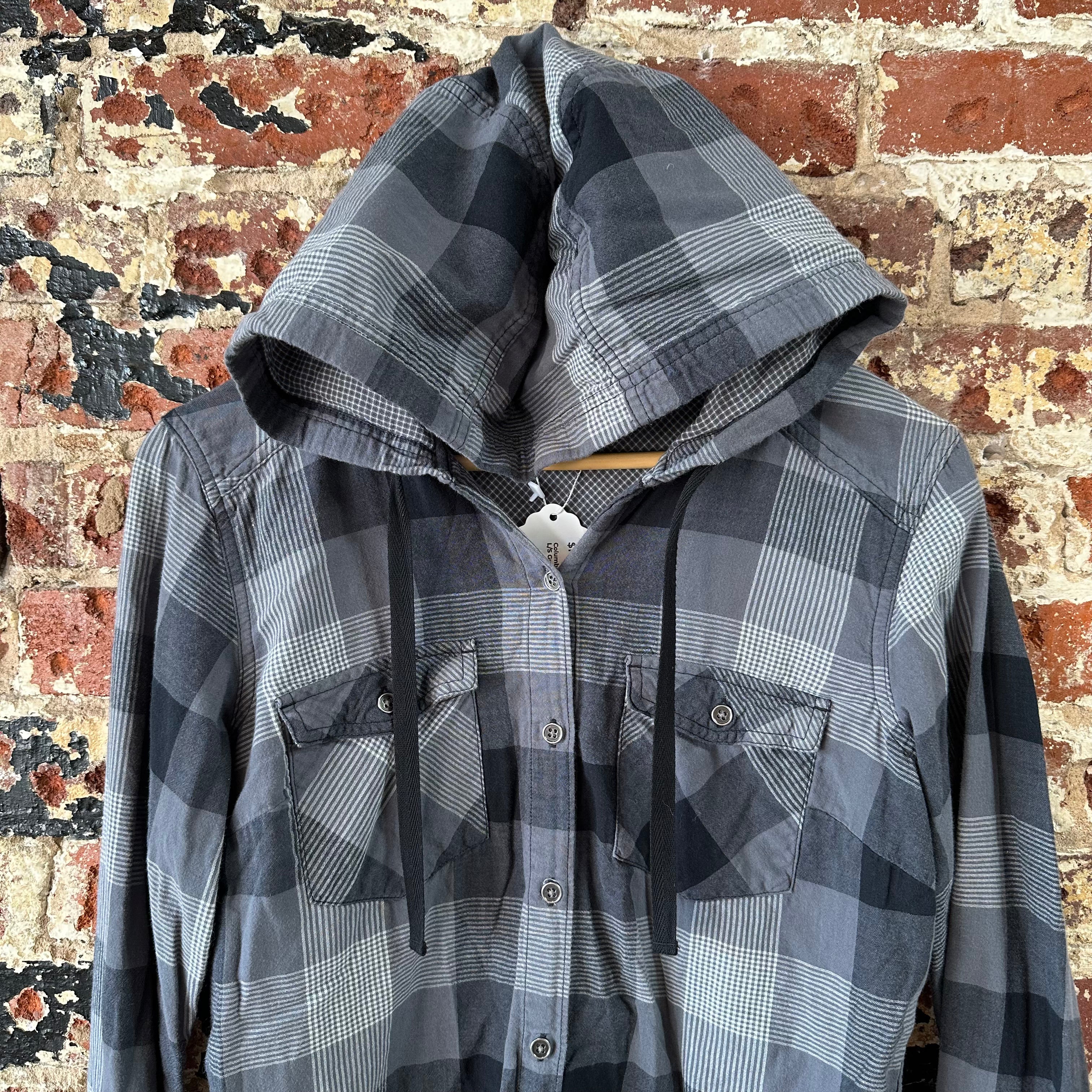 Columbia Shirt Womens Medium Long Sleeve Button Up Gray Black Hooded