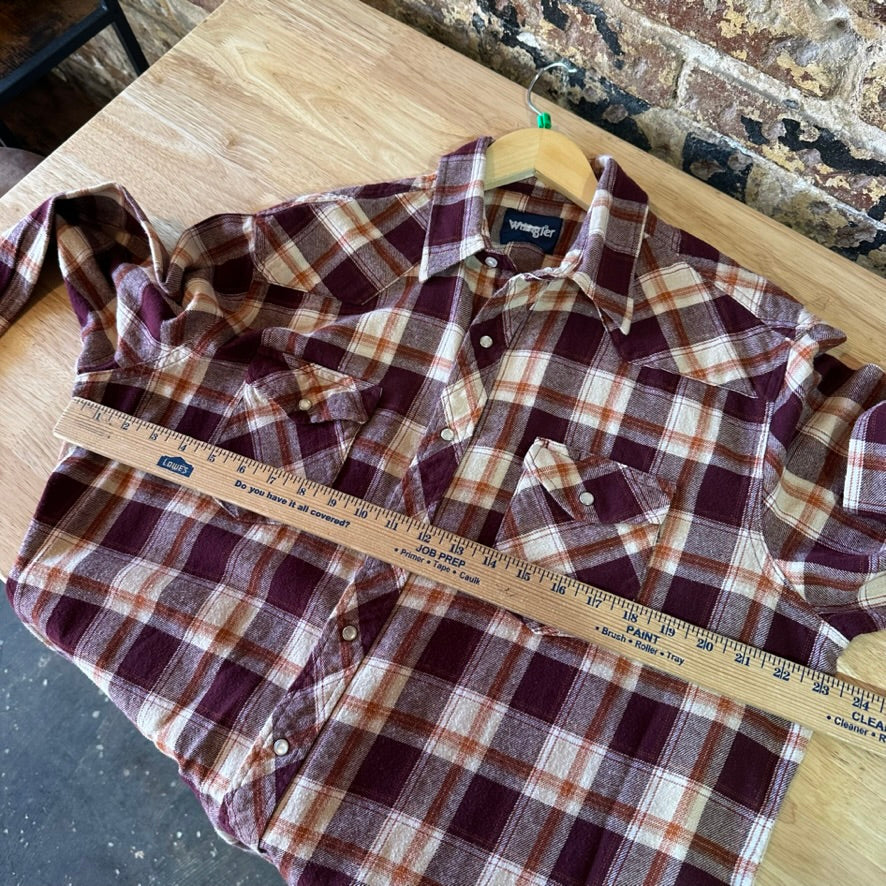 Wrangler Flannel Shirt Mens XL Pearl Snap Button Long Sleeve Brown Plaid