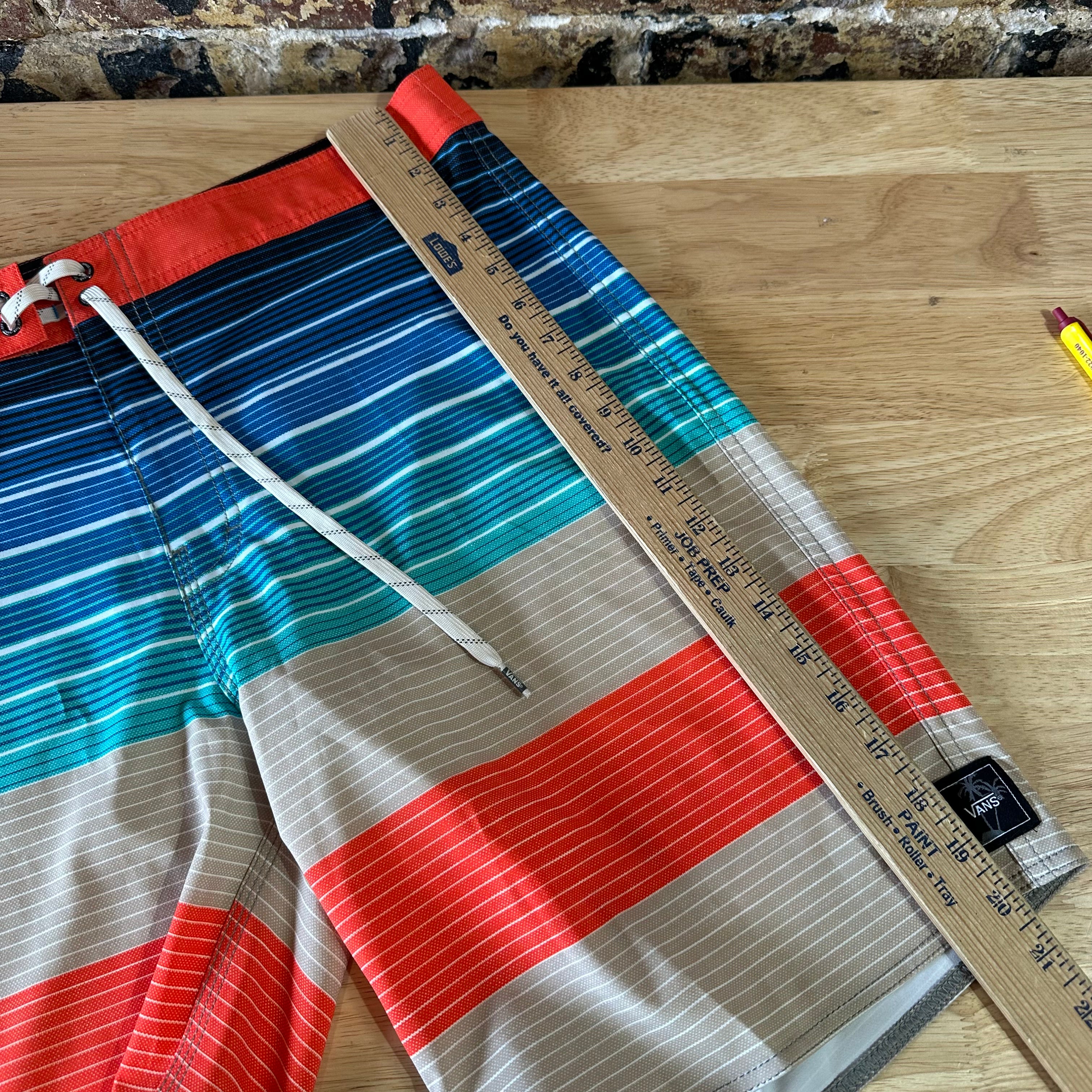 Vans Swim Trunks Board Shorts Size 34 Red Blue Striped Beach Lake 9" inseam