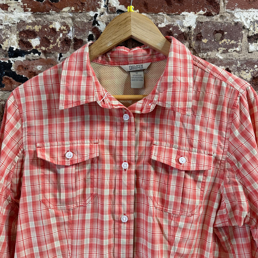 Duluth Trading Womens Medium Button Up Shirt Orange Plaid Long sleeve vented