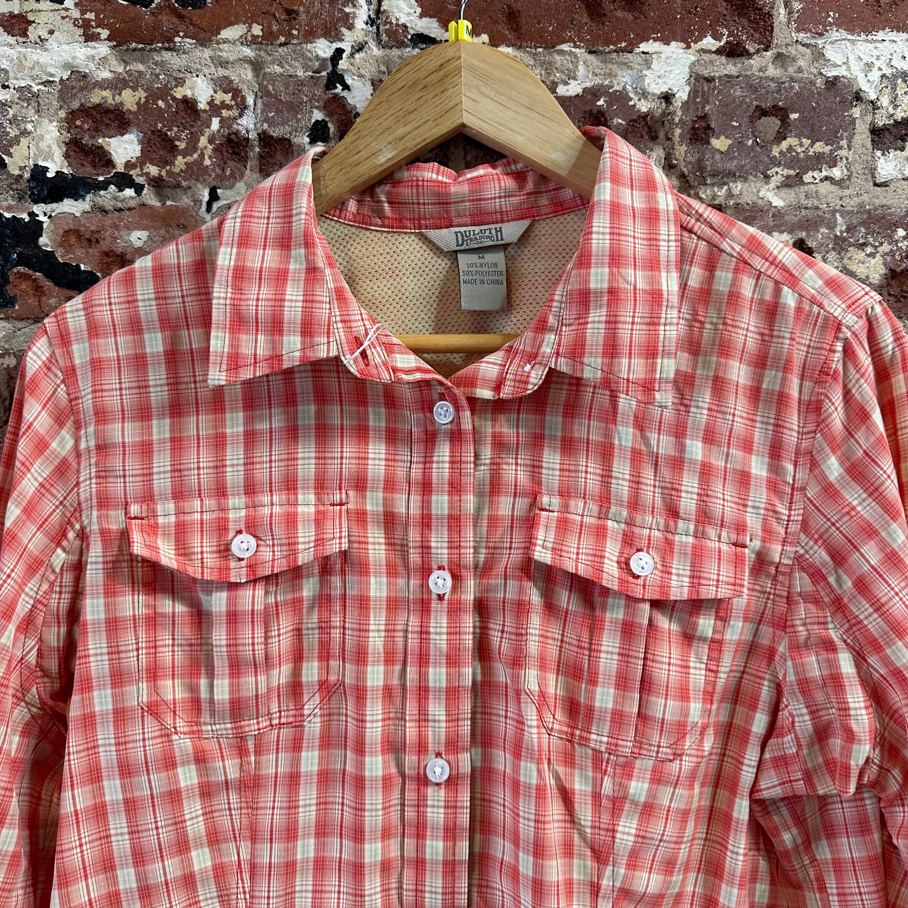 Duluth Trading Womens Medium Button Up Shirt Orange Plaid Long sleeve vented