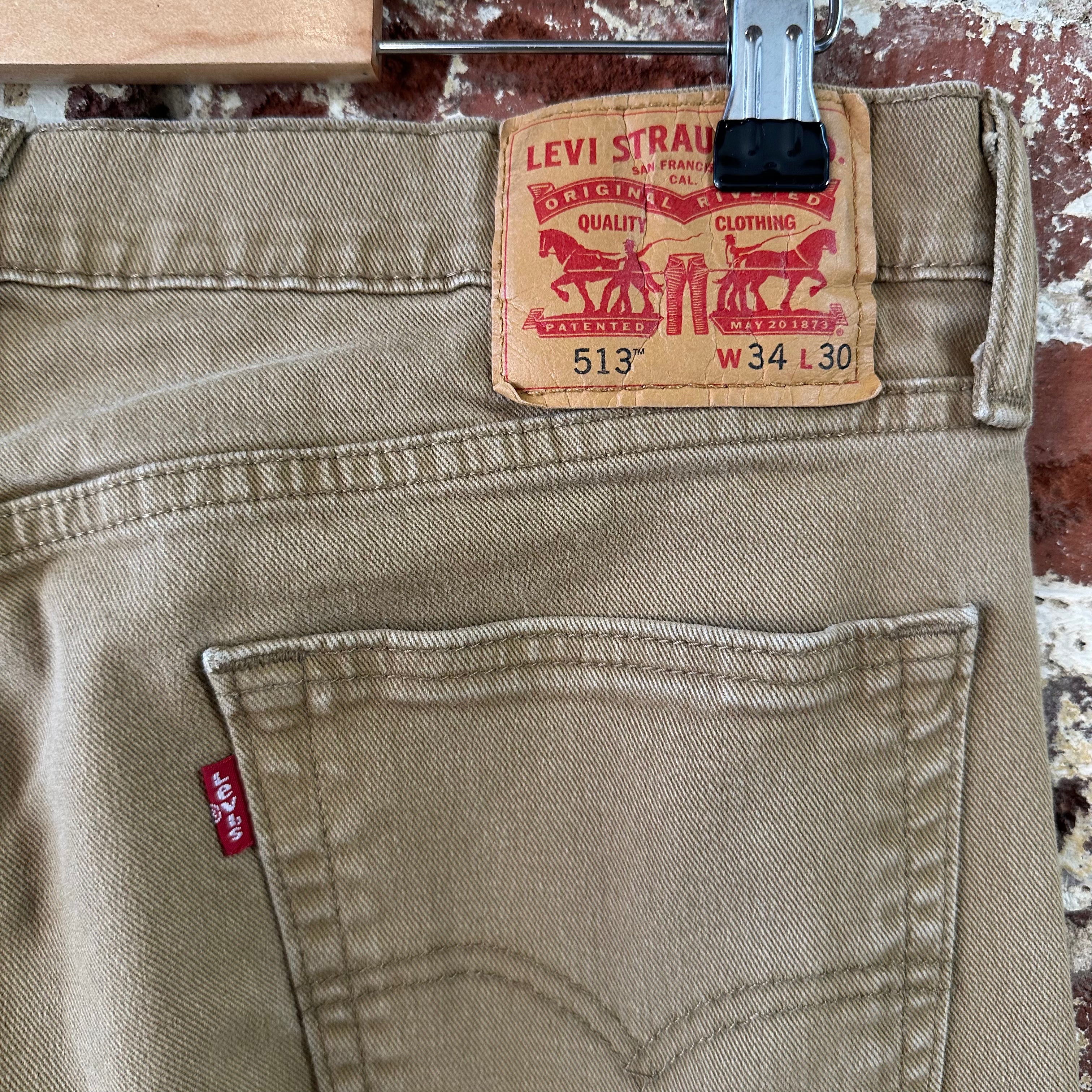 Levis 513 Jeans Mens 34x30 Brown Tan Slim Straight Leg Denim (measures 35x28.5)