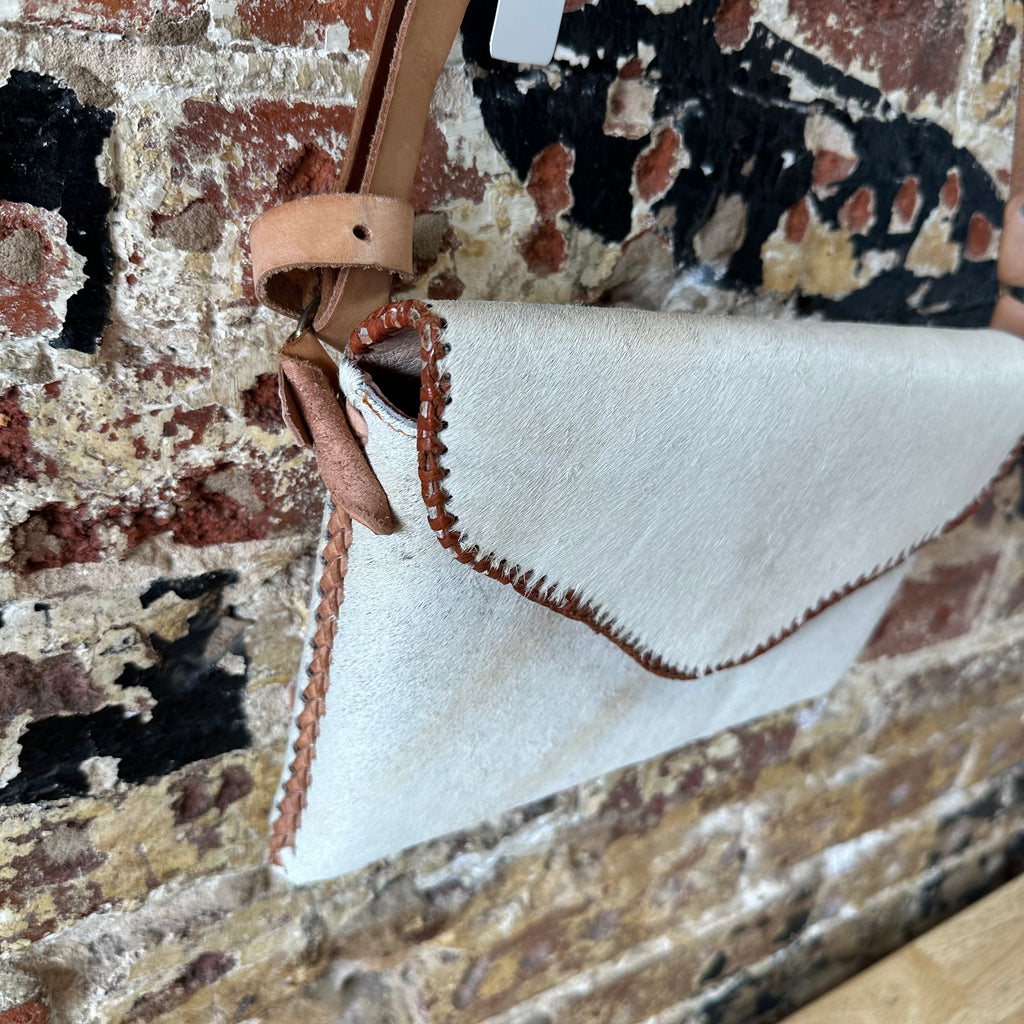 Vintage Western Cowhide Crossbody Bag Leather Handbag White 10"x8.5"