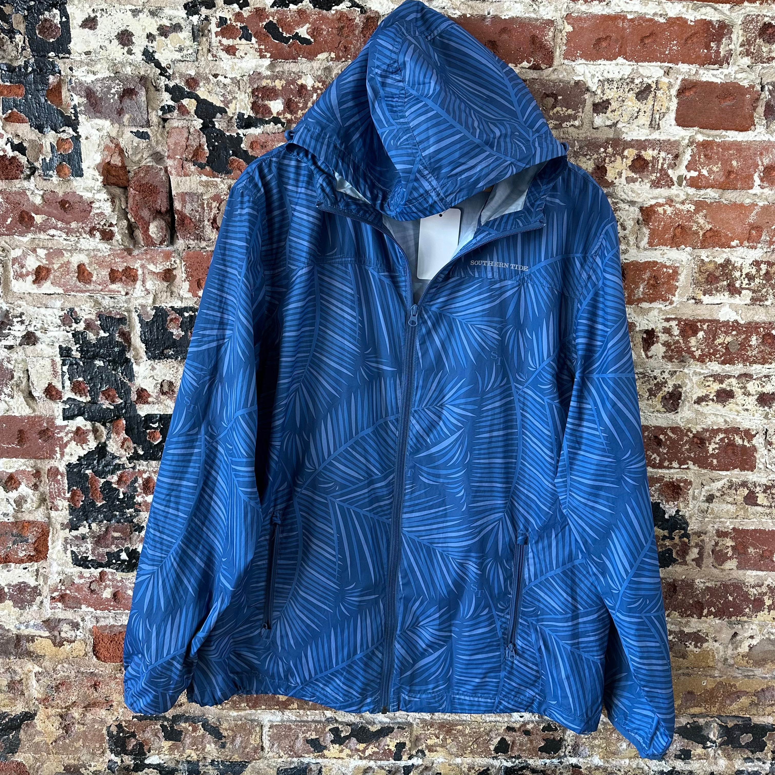 Southern Tide Men’s Windbreaker Hoodie Size Large Blue Palm Floral Full Zip