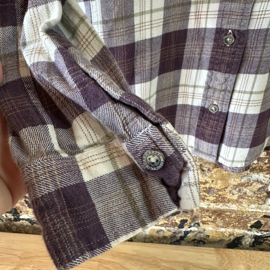 Carhartt Womens Medium Button Up Flannel Shirt Purple Plaid long sleeve