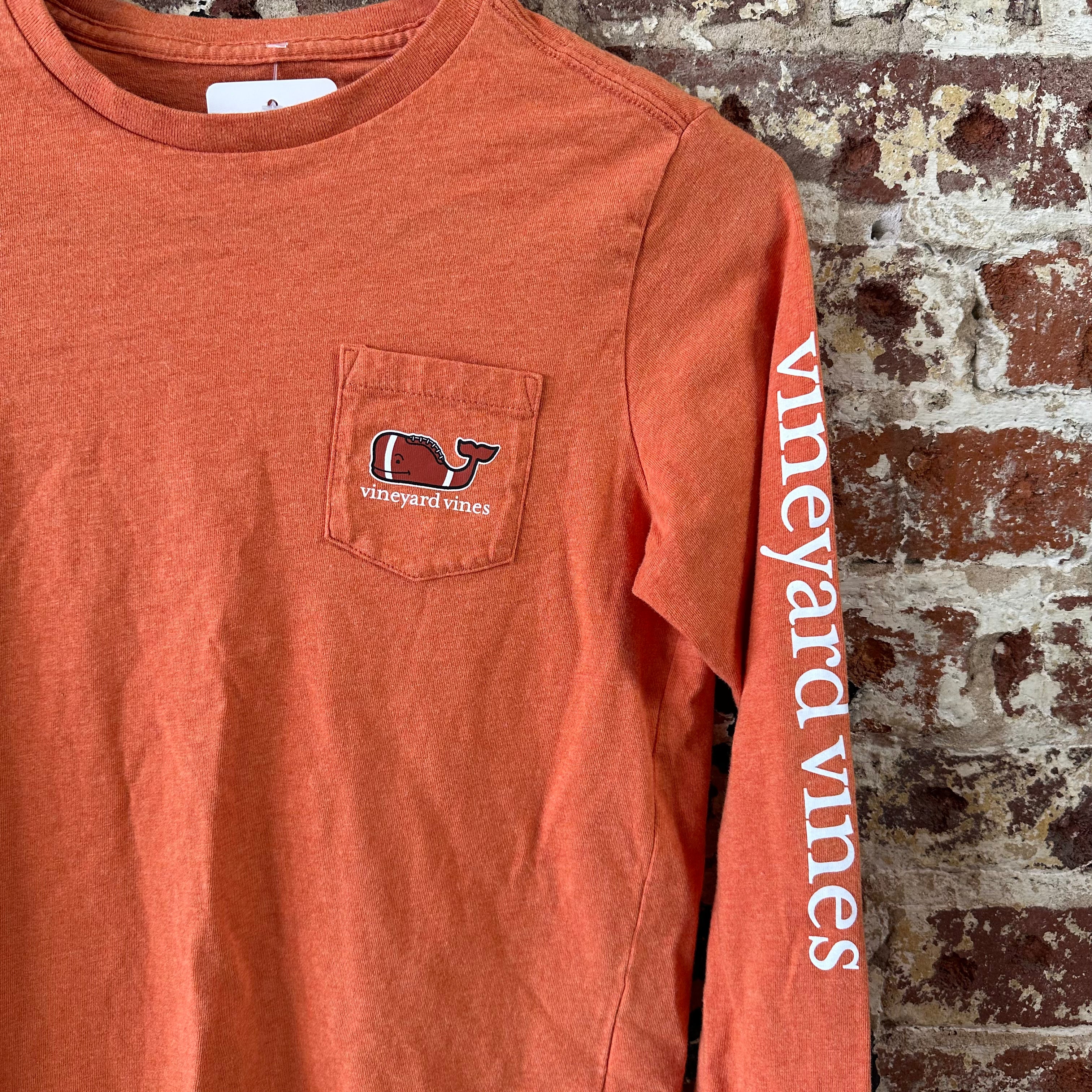 Vineyard Vines Boys Small 8-10 Logo Football Whale Long Sleeve T-shirt Orange