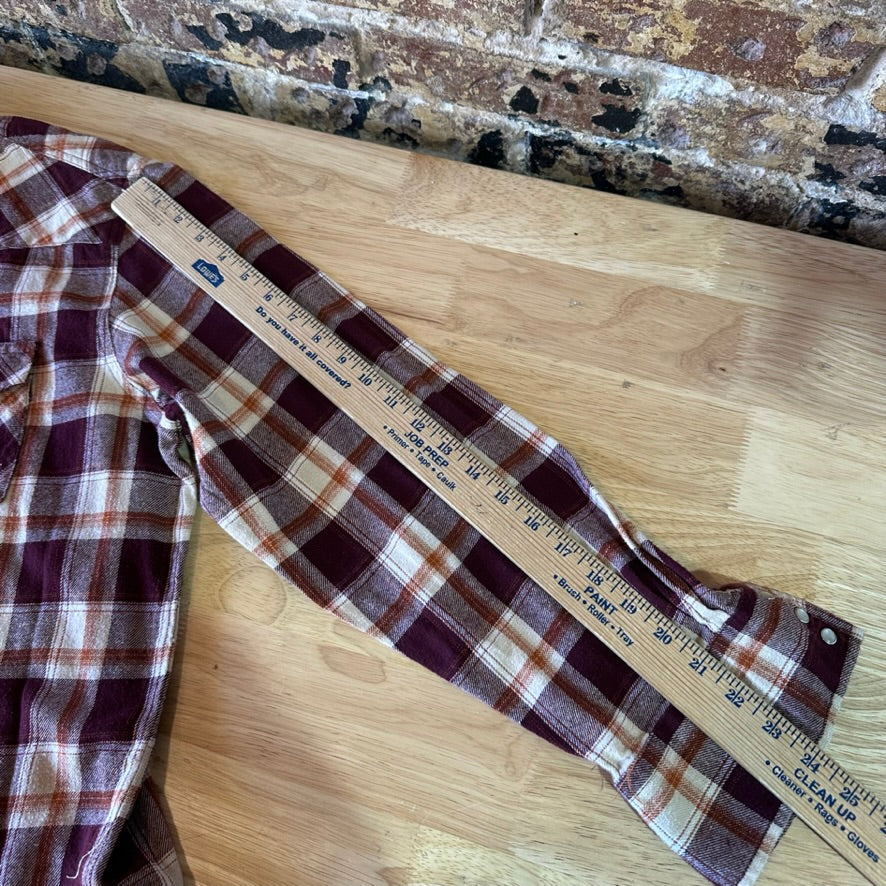 Wrangler Flannel Shirt Mens XL Pearl Snap Button Long Sleeve Brown Plaid