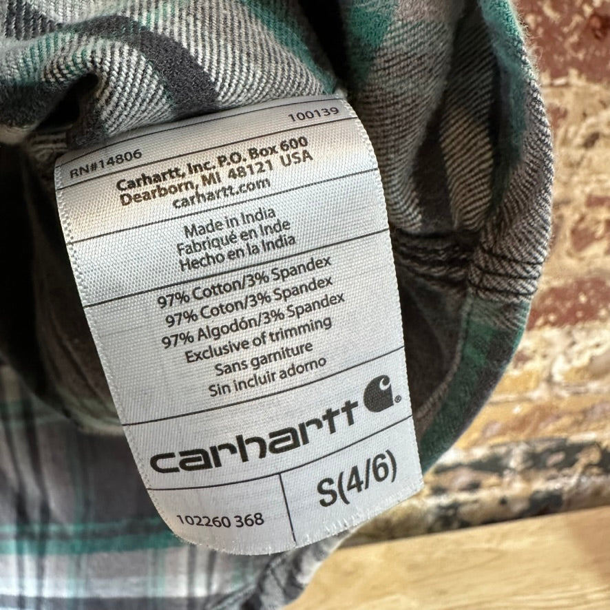 Carhartt Womens Small Button Up Flannel Shirt Gray Green Plaid long sleeve