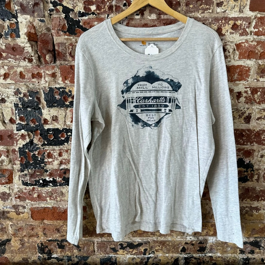 Carhartt T-Shirt Womens XL Long sleeve Work casual Gray Blue Front Logo