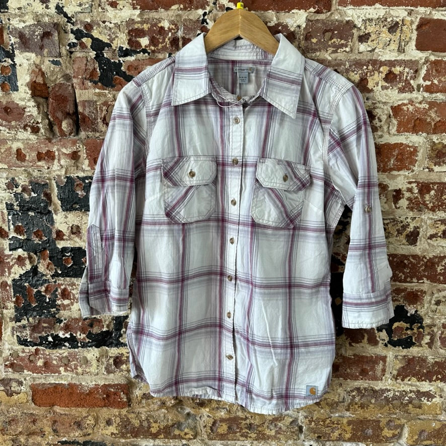 Carhartt Womens Medium Button Shirt 3/4 Sleeve Button Up Workwear White plaid