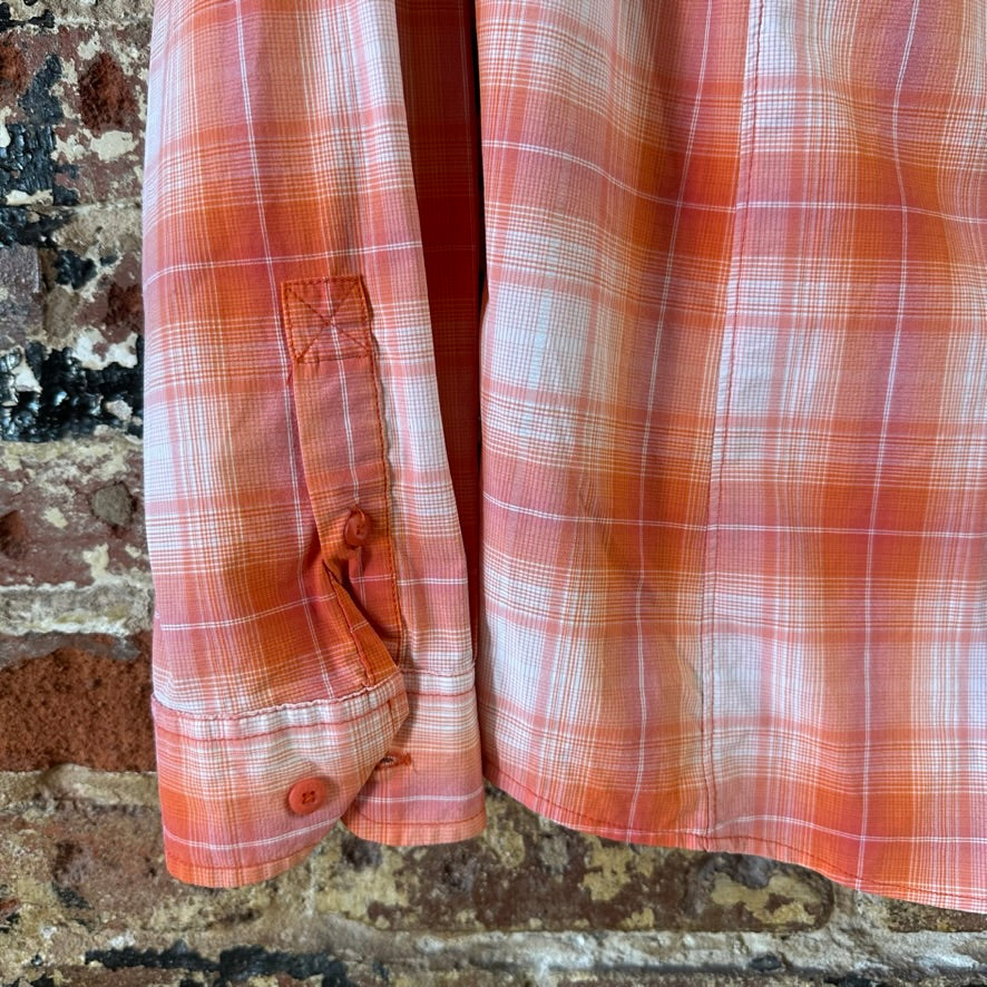 Duluth Trading Womens 2XL Button Up Shirt Orange Plaid Long sleeve vented