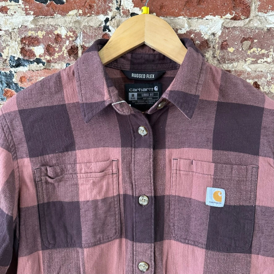 Carhartt Womens Medium Button Up Flannel Shirt Purple Plaid long sleeve Loose