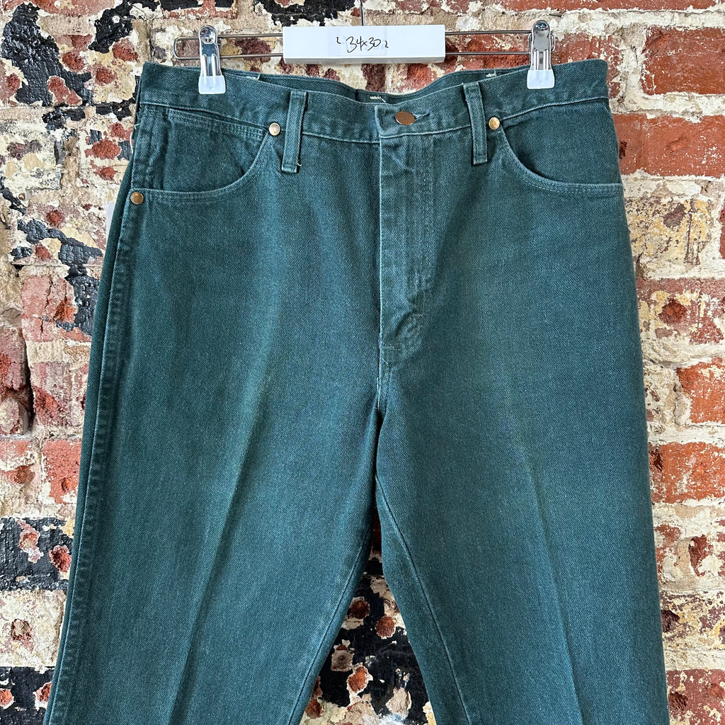 VTG Wrangler Mens Green Denim Pants Sz 34x30 Jeans Straight Leg Made in USA 936