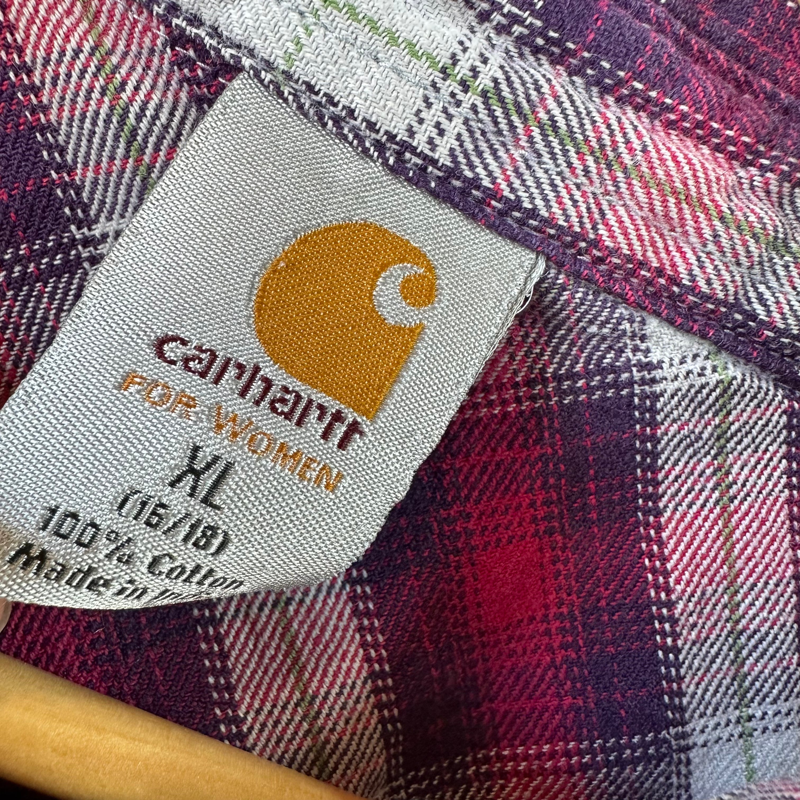 Carhartt Womens XL Button Up Flannel Shirt Pink Purple Plaid long sleeve
