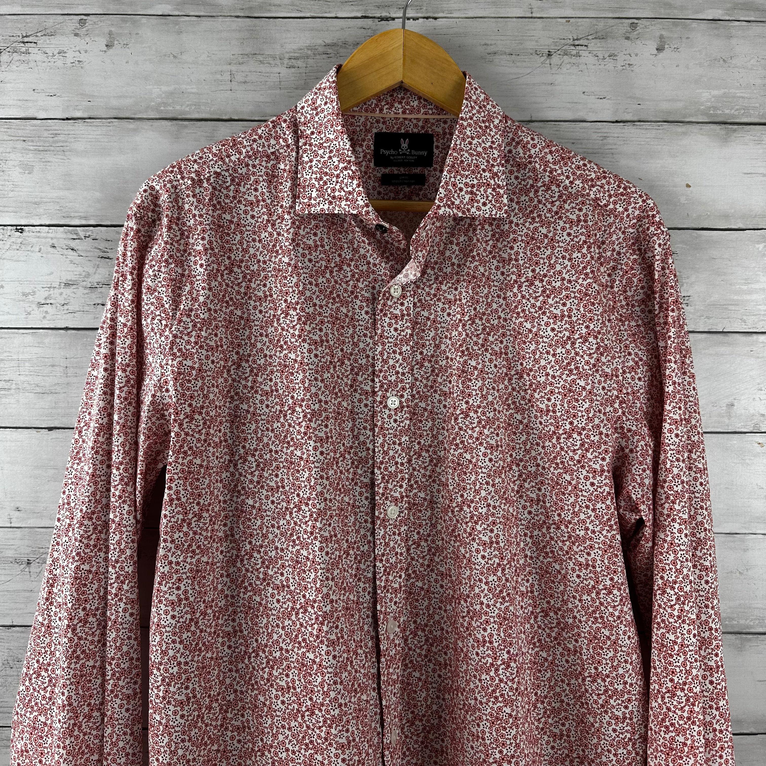 Psycho Bunny Shirt Mens 16.5 34/35 Red White Floral Stretch Slim Fit Button Up