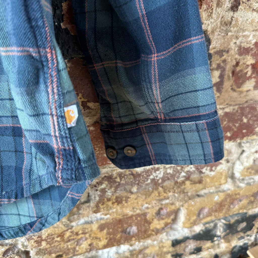 Carhartt Womens Medium Button Up Flannel Shirt Blue Plaid long sleeve