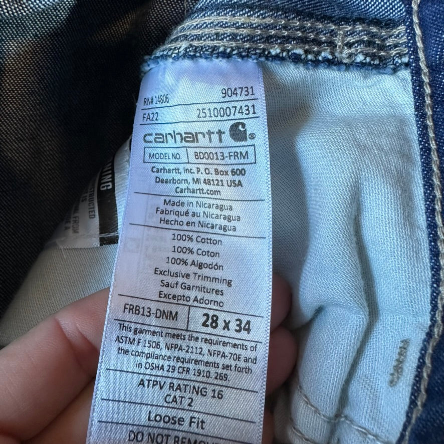 Carhartt FR Carpenter utility Mens 28X34 Blue Relaxed Work Loose FRB13 DNM New