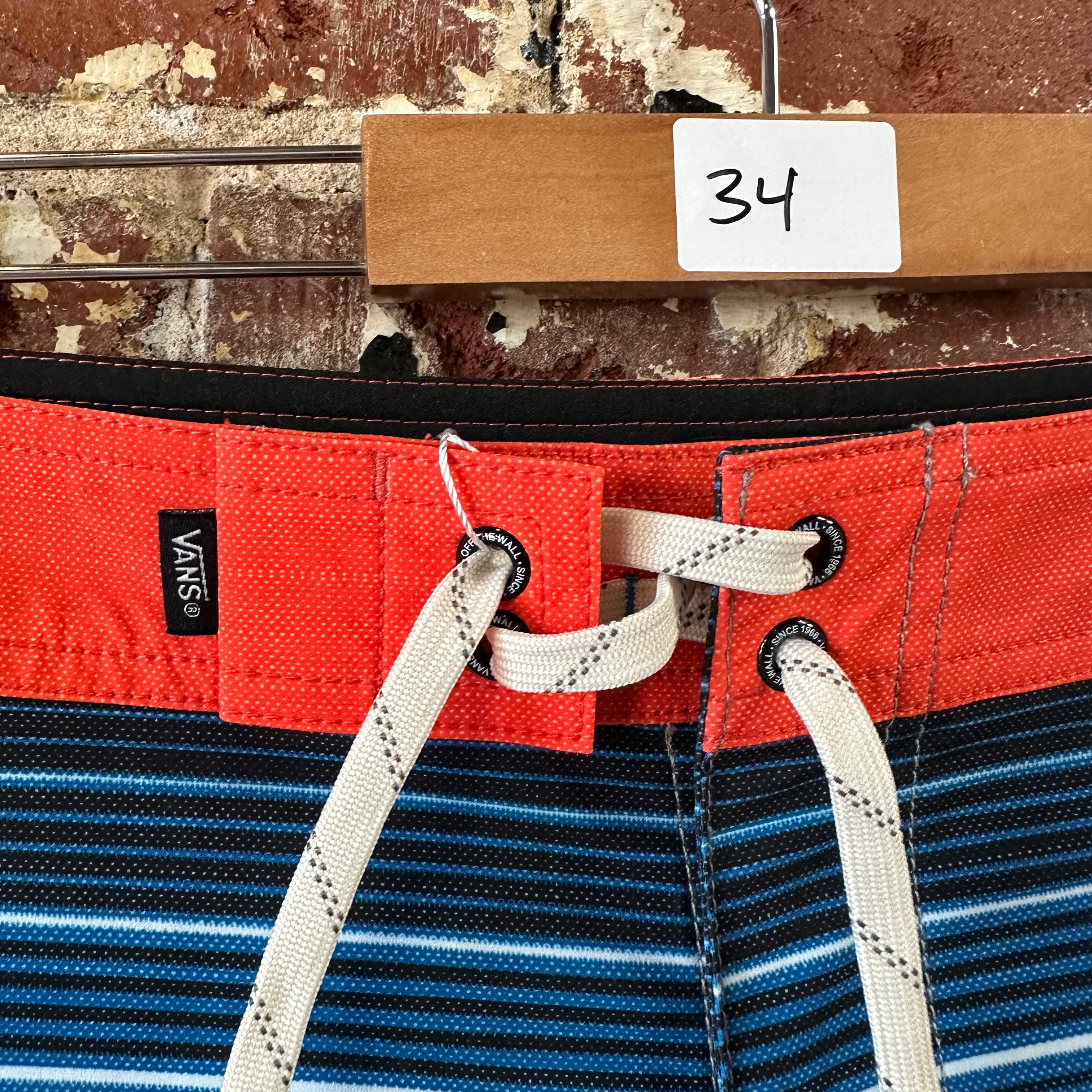 Vans Swim Trunks Board Shorts Size 34 Red Blue Striped Beach Lake 9" inseam