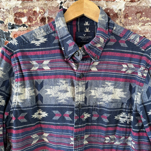 American Eagle AE Aztec Shirt Mens Medium Button Up Western Southwest Blue Red