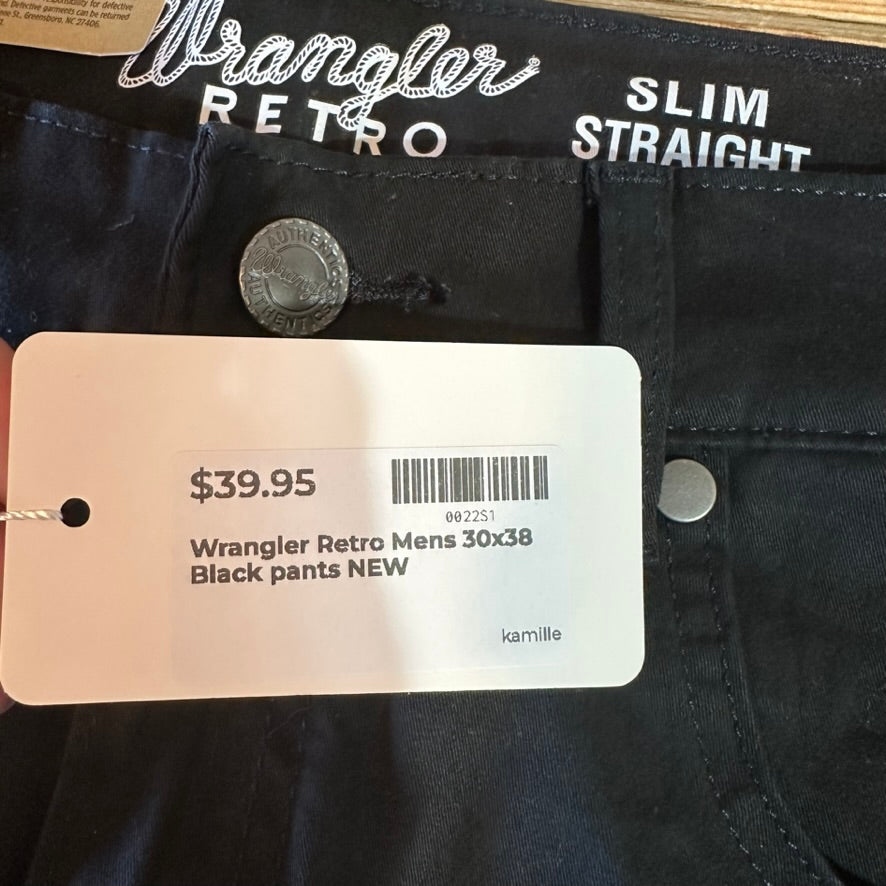 Wrangler Retro Black Jeans Pants Mens 30x38 Slim Straight Denim Lightweight NWT