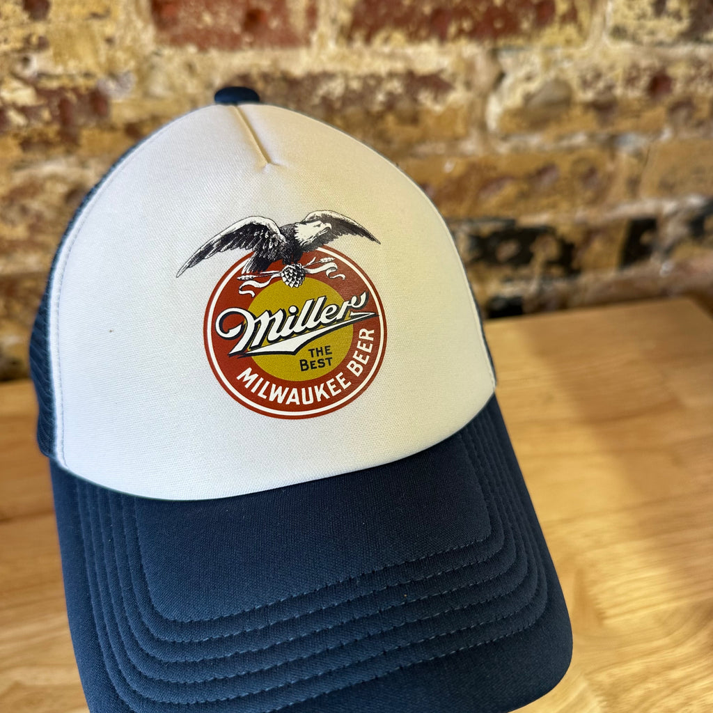 Lucky Brand Miller Milwaukee Beer Trucker Hat Navy Blue White Snapback Cap NEW