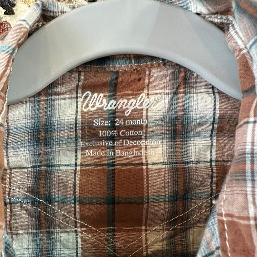 Wrangler Button Up Plaid Pearl Snap long Sleeve Shirt 24M western brown plaid