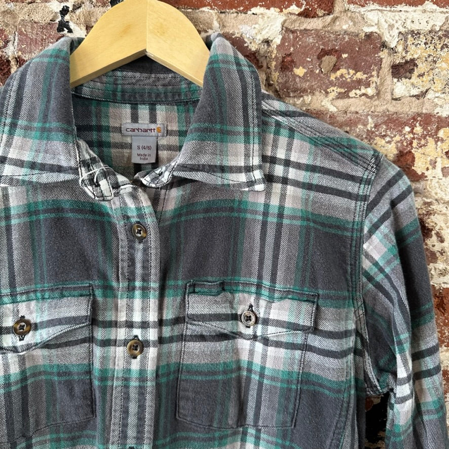Carhartt Womens Small Button Up Flannel Shirt Gray Green Plaid long sleeve
