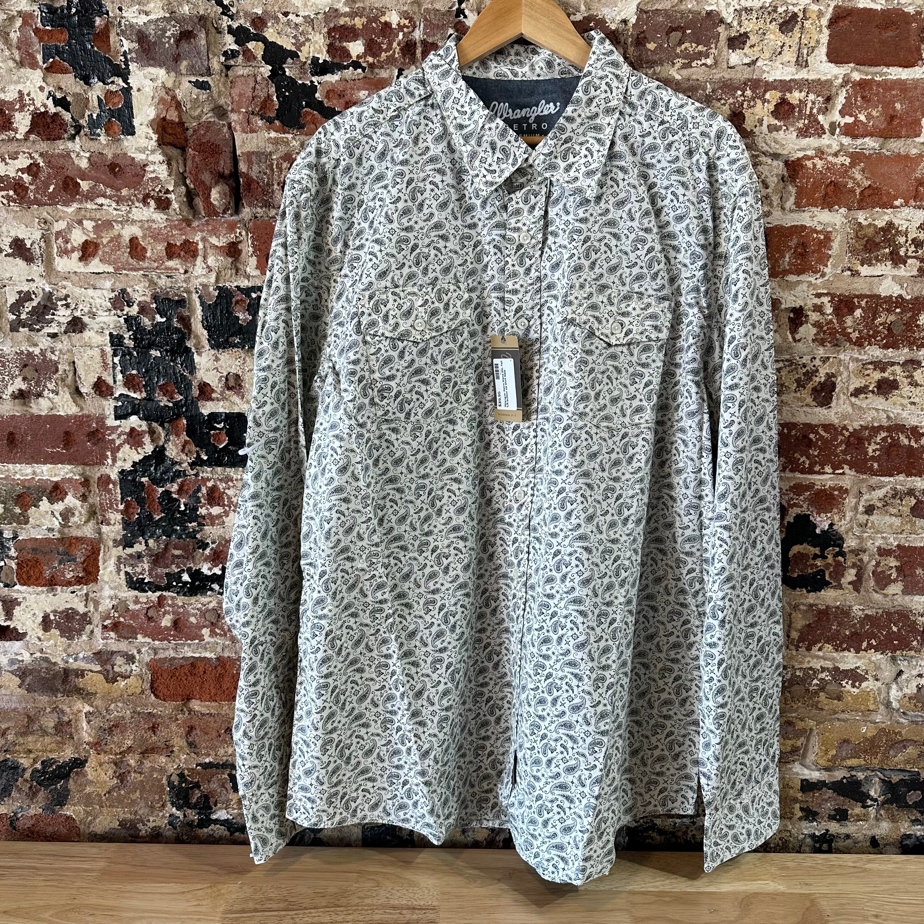 Wrangler Retro Button Up Shirt Mens 2XL Tall Pearl Snap Western Gray Paisley NEW