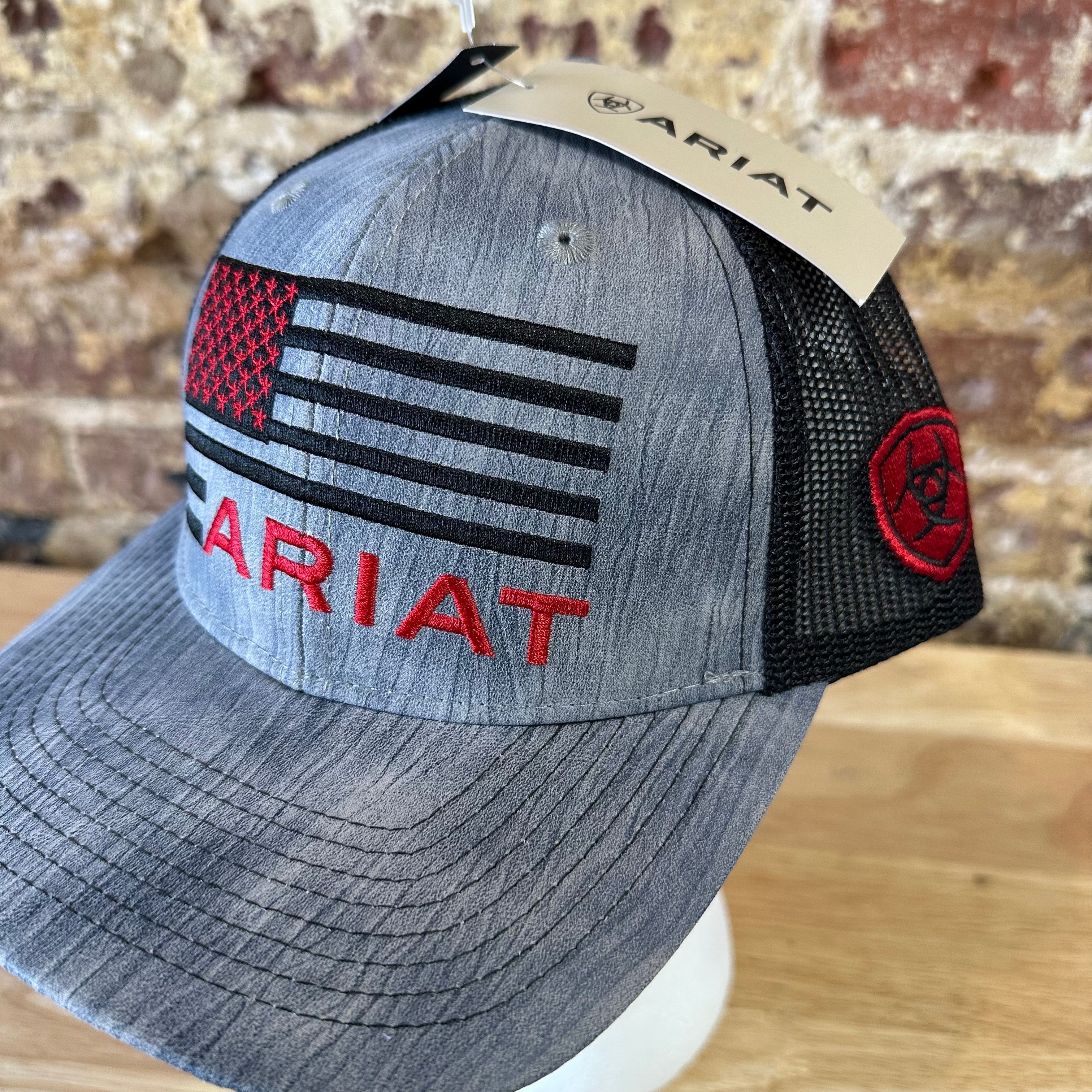 Ariat Mens Gray Red Flag Logo Adjustable Snapback Cap Hat NEW