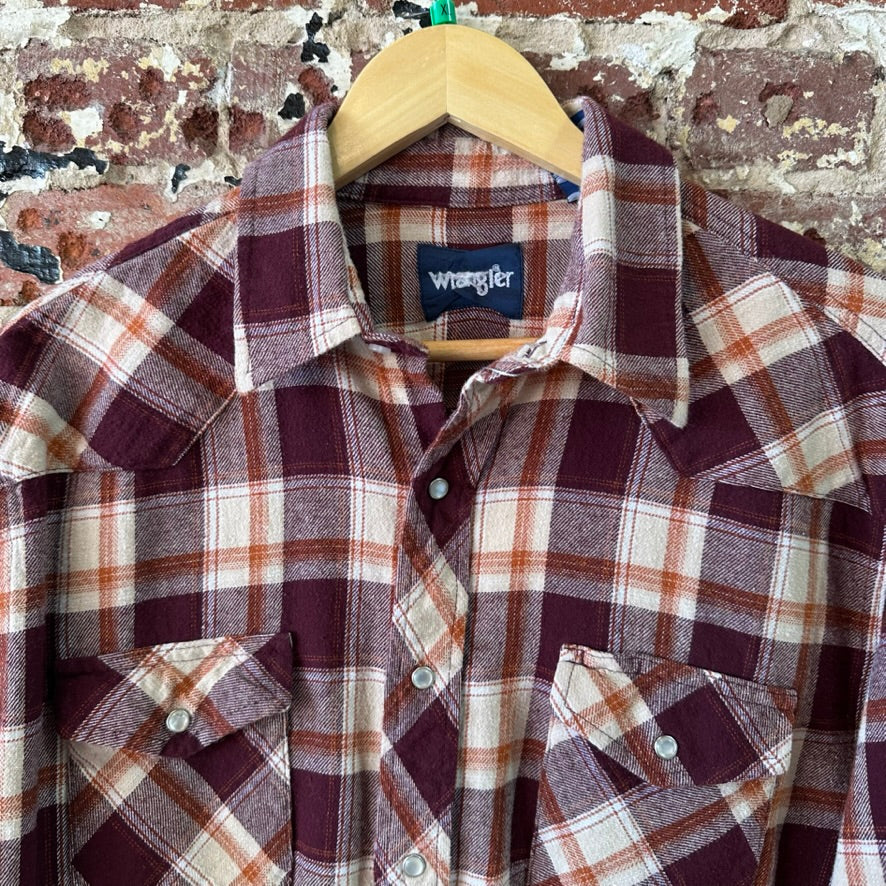 Wrangler Flannel Shirt Mens XL Pearl Snap Button Long Sleeve Brown Plaid