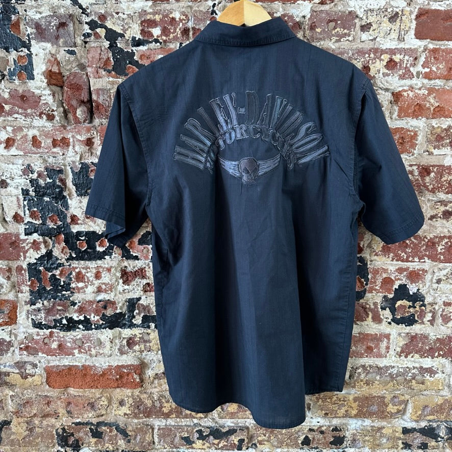 Harley Davidson Mens Embroidered Snap Button up Black Medium Shirt Skull Wings