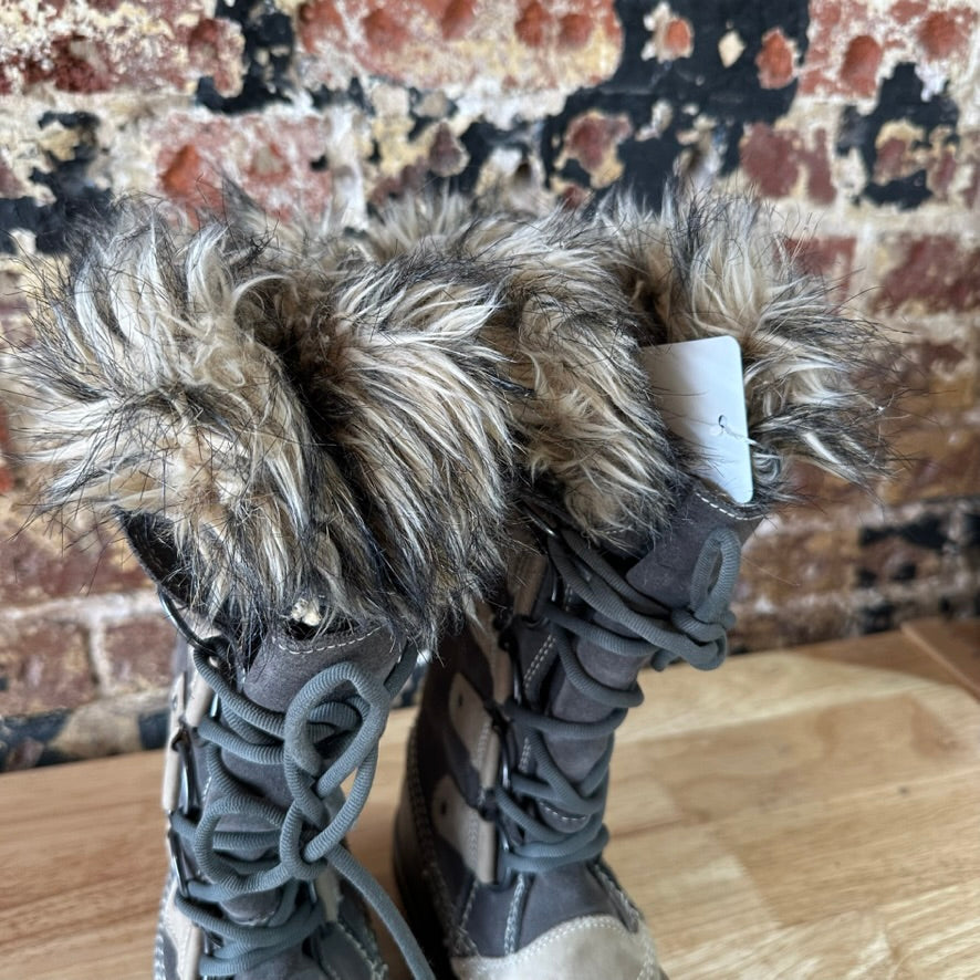 Sorel Joan Of Arctic Faux Fur Trimmed Leather Lace Up Boots Size 9 Gray