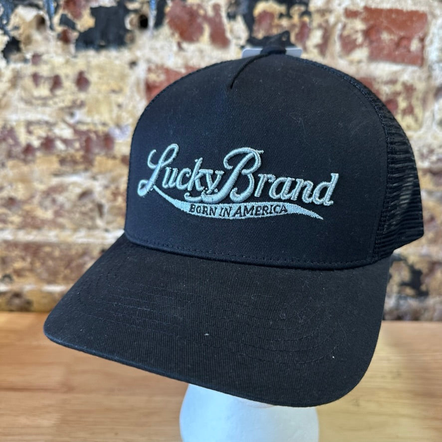 Lucky Brand Mens Black Mesh Trucker Hat Born In America Snapback Cap New