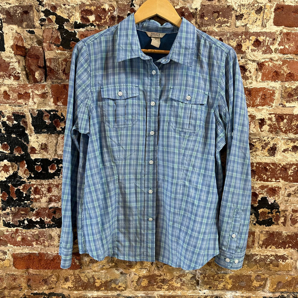 Duluth Trading Womens Medium Button Up Shirt Blue Plaid Long sleeve vented