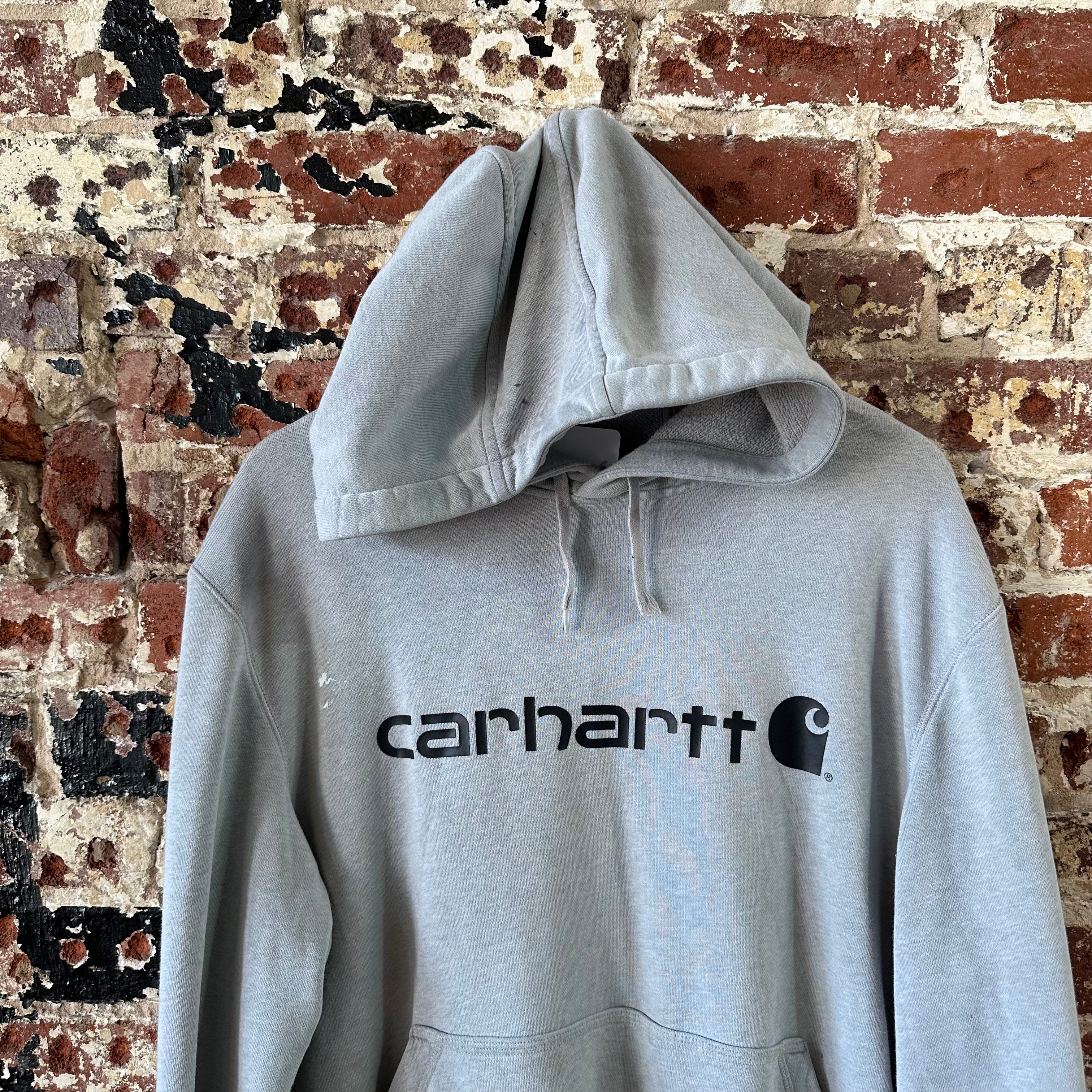 Carhartt Hoodie Sweatshirt Gray Mens Size Large Force Relaxed Fit Spellout