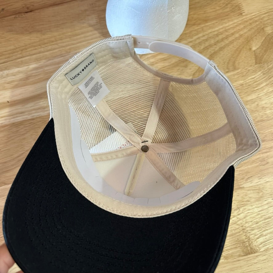 Lucky Brand Dungarees Trucker Hat Cream Black Snapback Mesh Cap NWT
