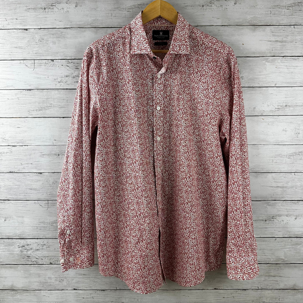 Psycho Bunny Shirt Mens 16.5 34/35 Red White Floral Stretch Slim Fit Button Up