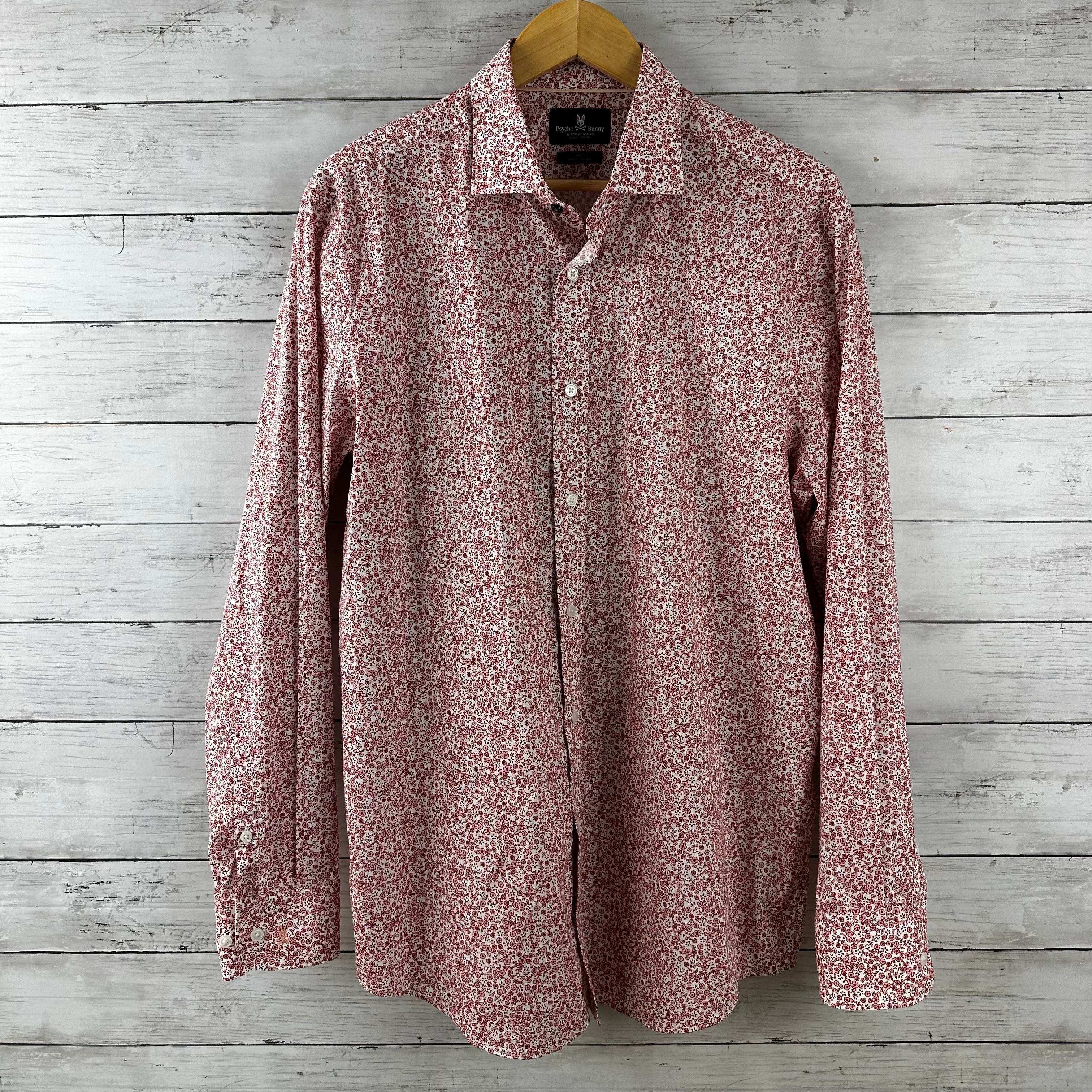 Psycho Bunny Shirt Mens 16.5 34/35 Red White Floral Stretch Slim Fit Button Up