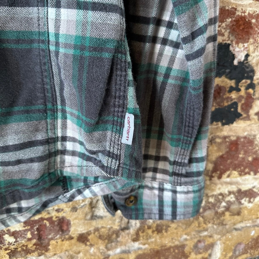 Carhartt Womens Small Button Up Flannel Shirt Gray Green Plaid long sleeve