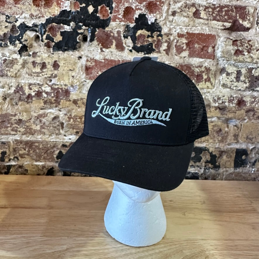 Lucky Brand Mens Black Mesh Trucker Hat Born In America Snapback Cap New