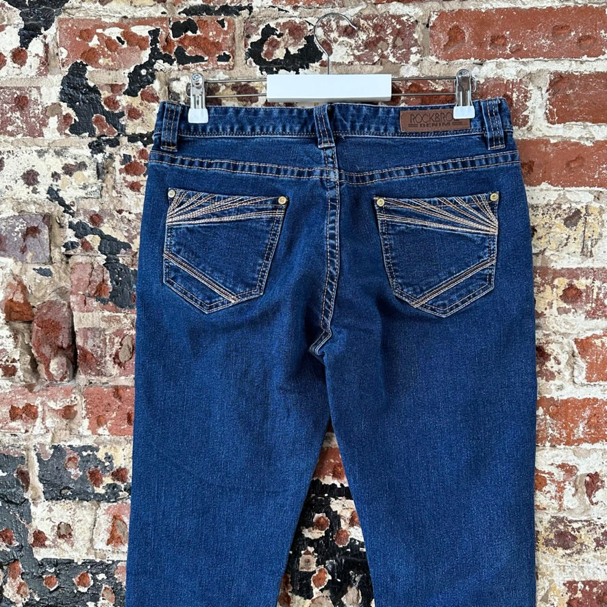 Rock & Roll Cowgirl Boyfriend Jeans Womens 27x32 Blue Denim Stretch Thick Stitch