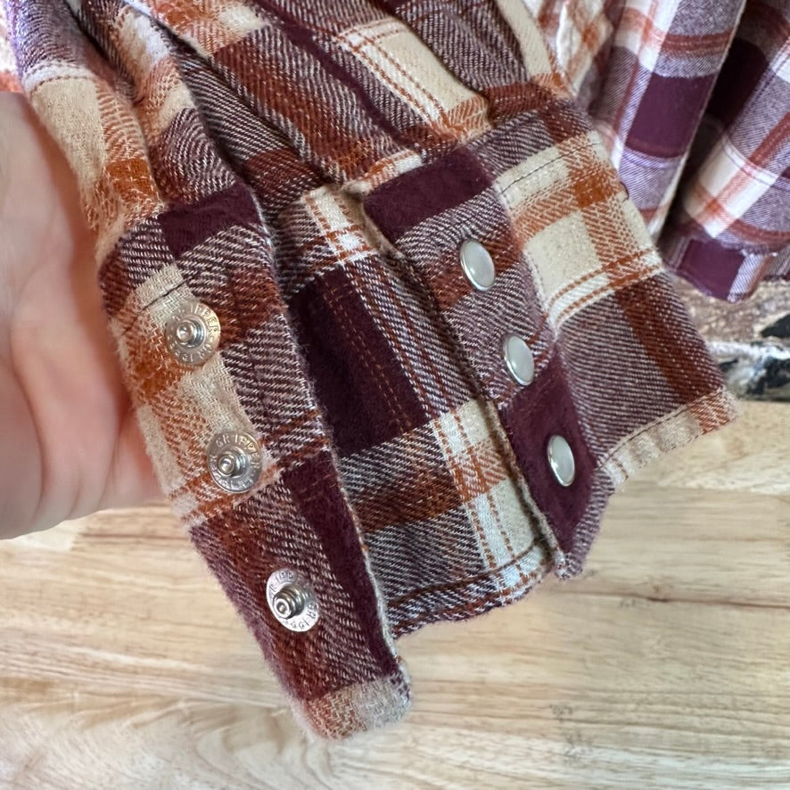 Wrangler Flannel Shirt Mens XL Pearl Snap Button Long Sleeve Brown Plaid