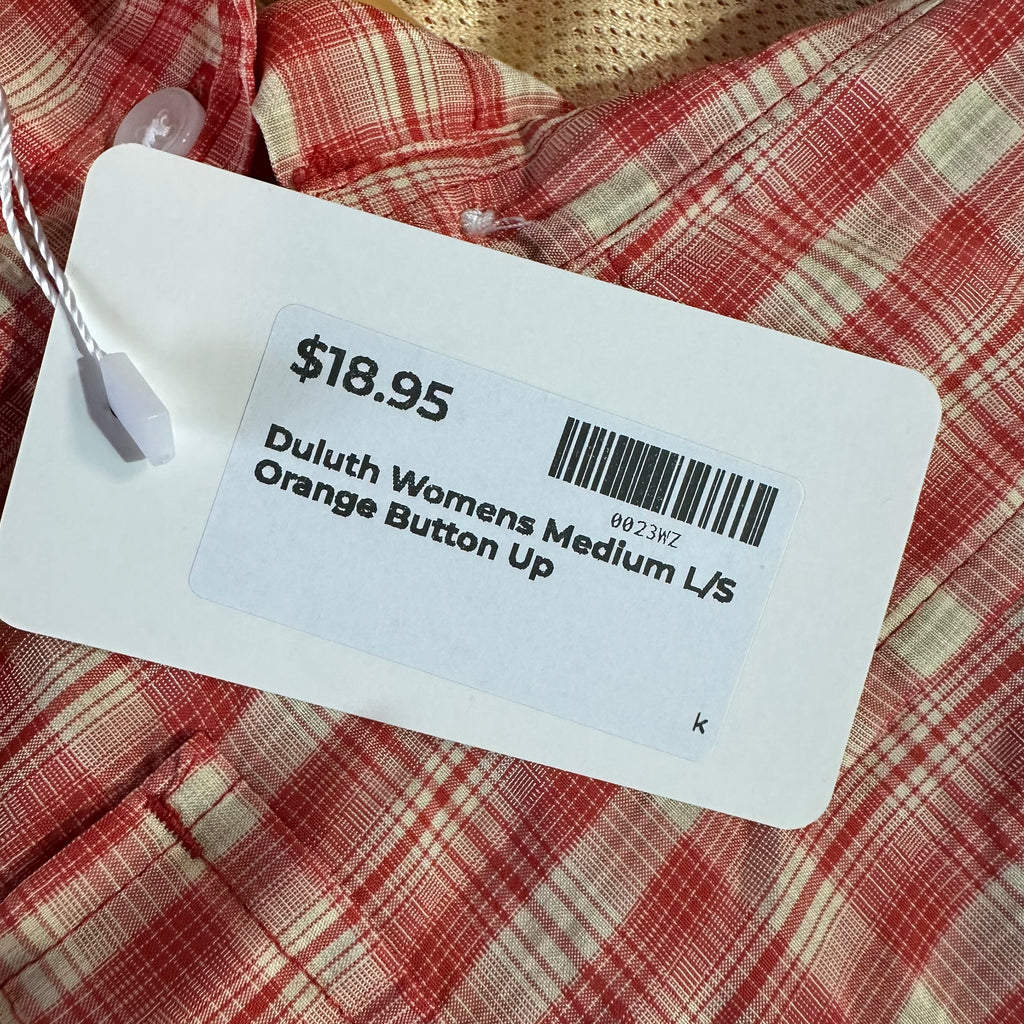 Duluth Trading Womens Medium Button Up Shirt Orange Plaid Long sleeve vented