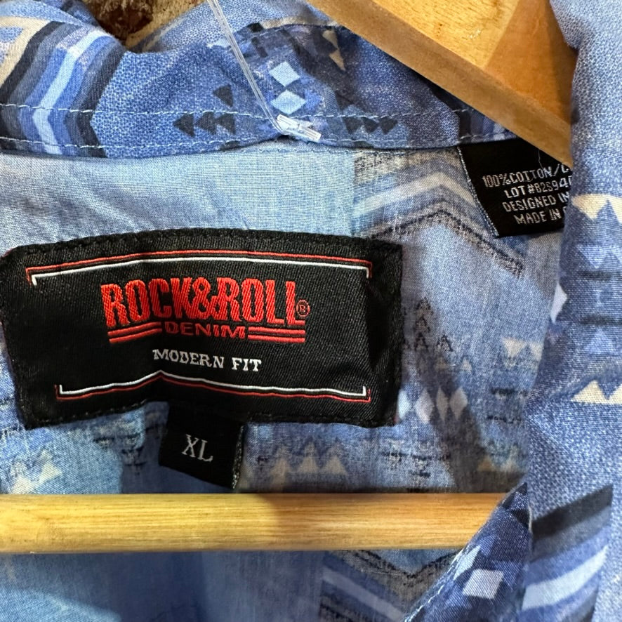 Rock N Roll Shirt Mens XL Long Sleeve Western Aztec Pearl Snap Southwestern Blue