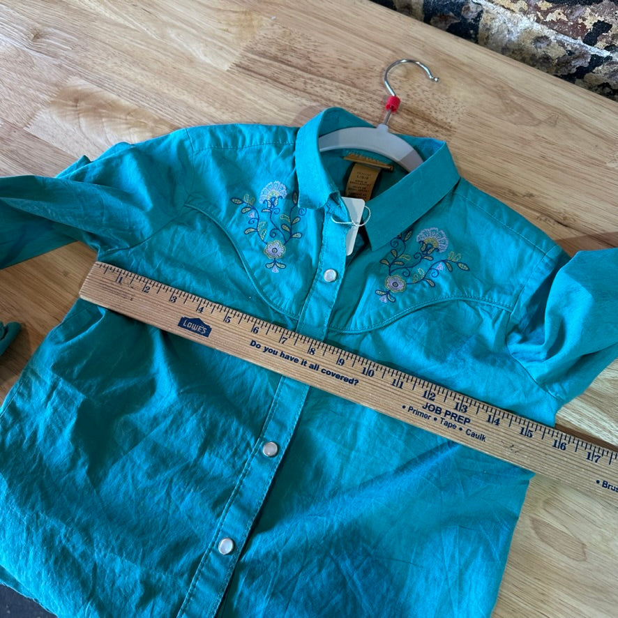 Wrangler Girls Shirt Size Large Western Pearl Snap Long Sleeve Teal