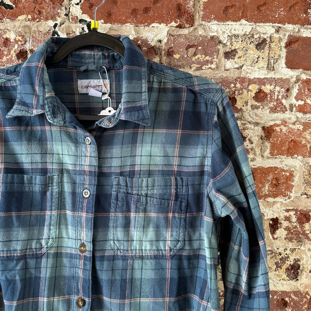 Carhartt Womens Medium Button Up Flannel Shirt Blue Plaid long sleeve