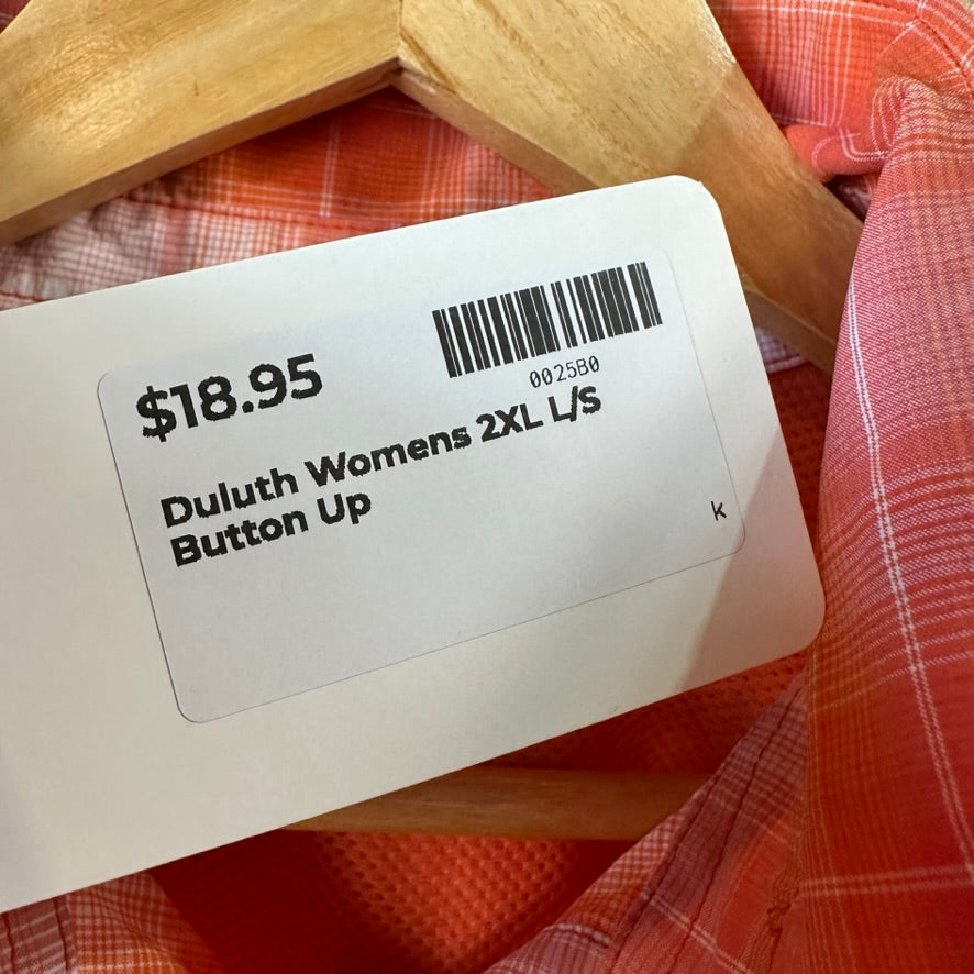 Duluth Trading Womens 2XL Button Up Shirt Orange Plaid Long sleeve vented