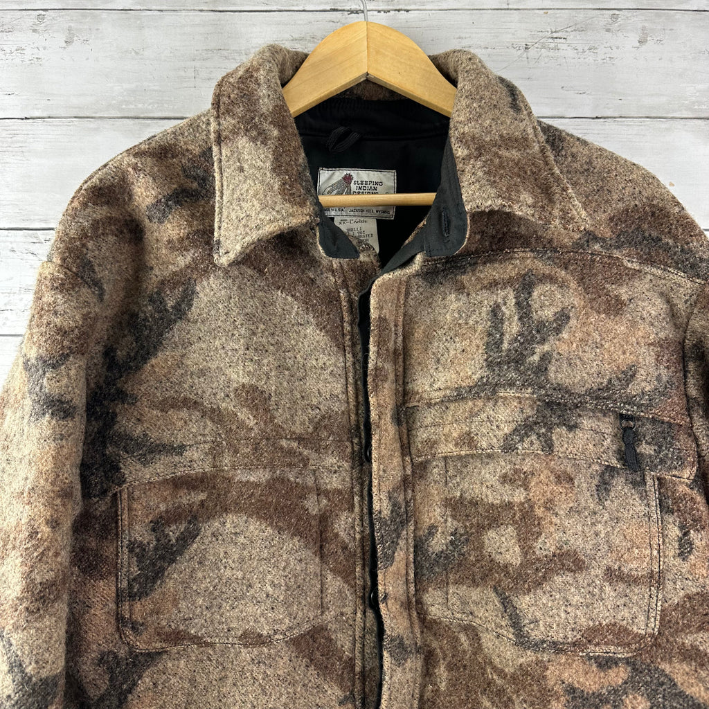 Vintage Sleeping Indian Designs Wool Camo Zip Up Jacket Made In USA Sz 2XL