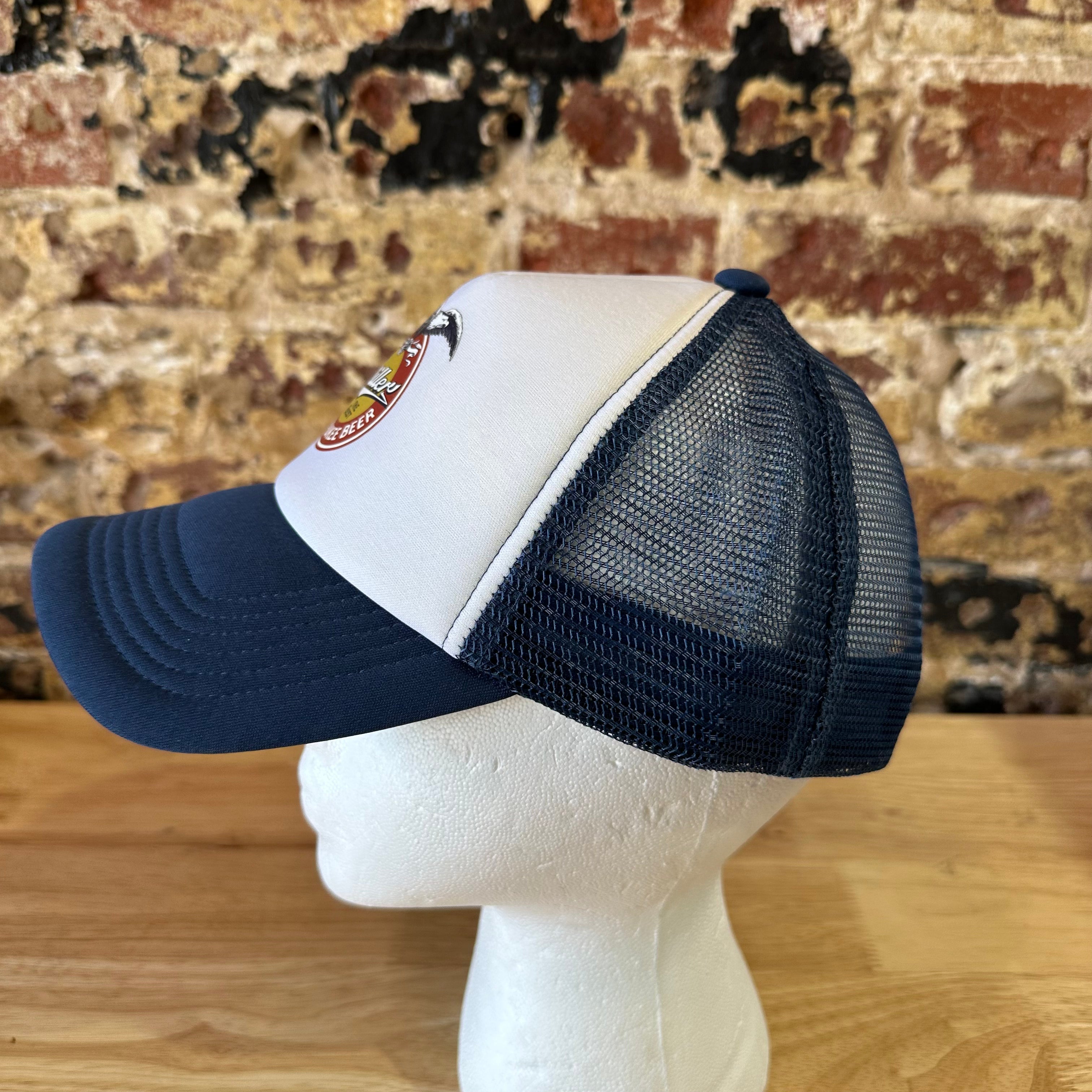 Lucky Brand Miller Milwaukee Beer Trucker Hat Navy Blue White Snapback Cap NEW