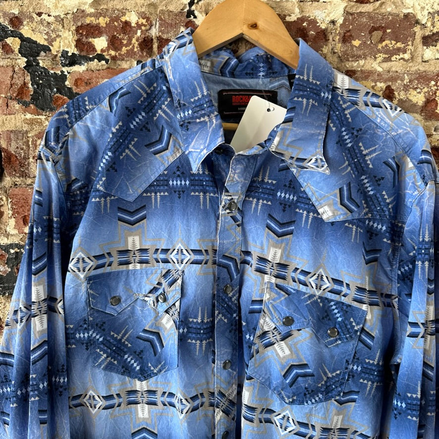 Rock N Roll Shirt Mens XL Long Sleeve Western Aztec Pearl Snap Southwestern Blue